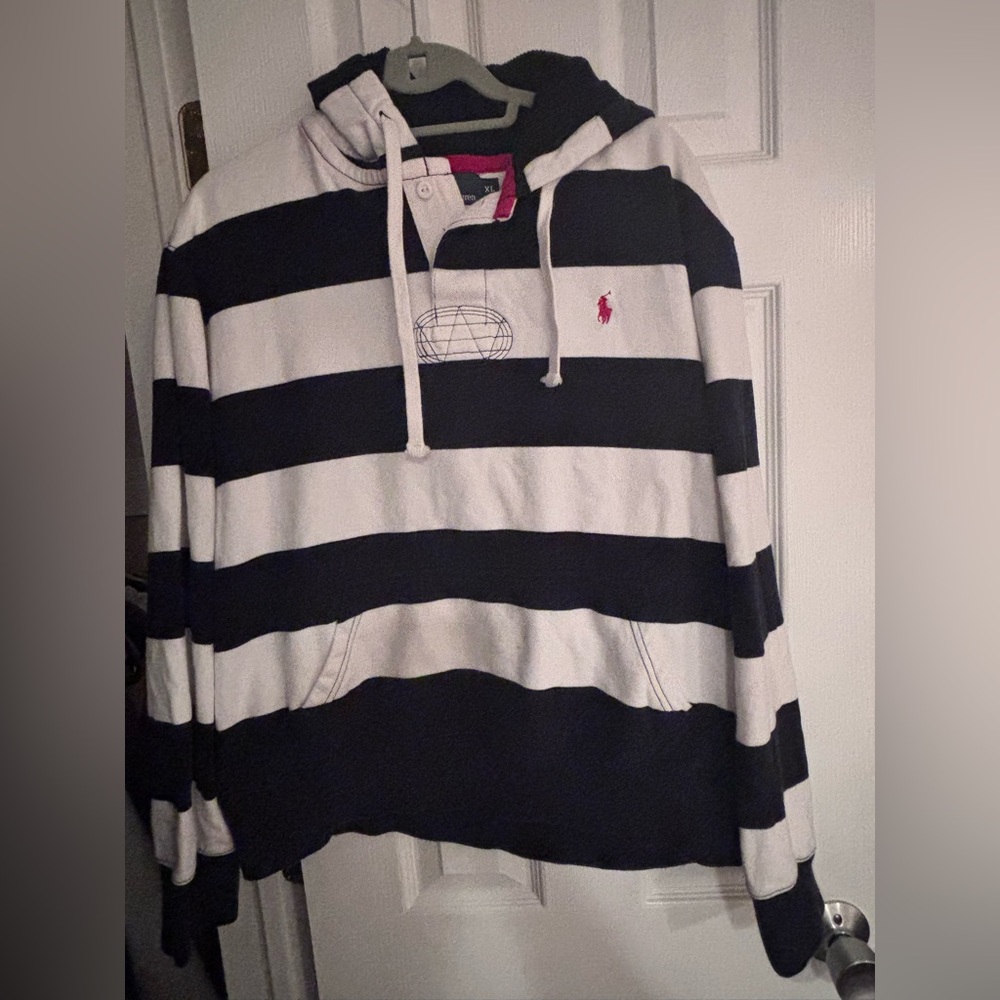 Vintage Polo Ralph Lauren Mens XL Hooded Rugby Shirt Hoodie Striped Navy White